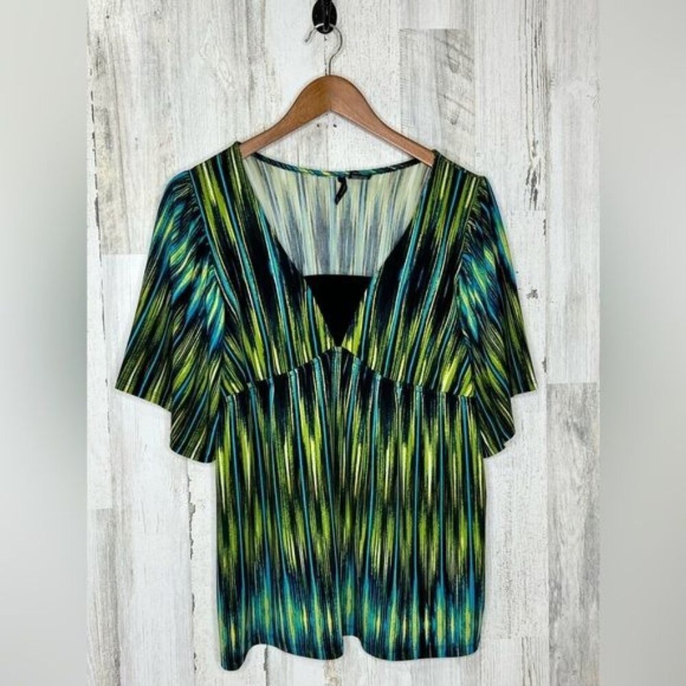 New Directions Women's Abstract Babydoll Top Blue Green Size XL